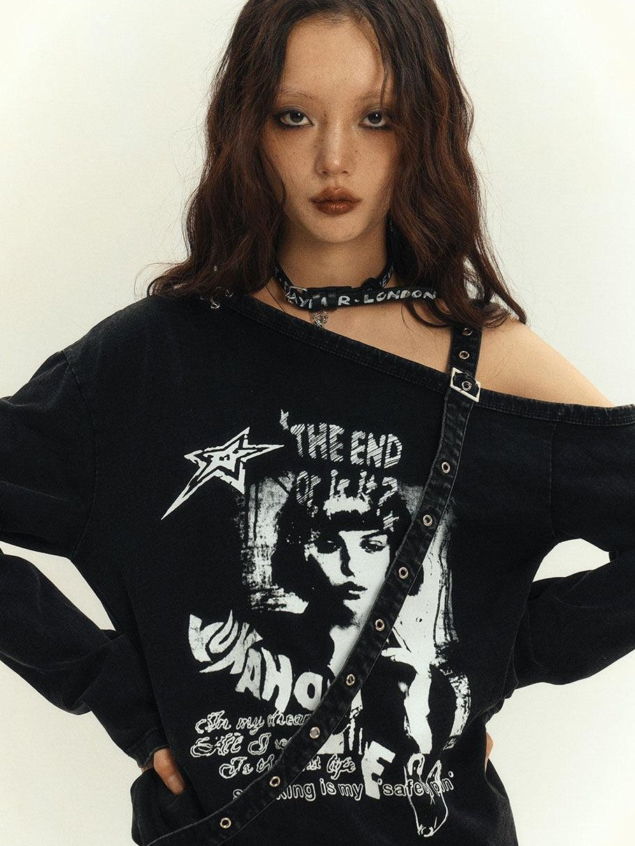 YUKAHOUSE Black Asymmetric Punk Y2k Cartoon Print Women's Cotton Off-shoulder T-shirts