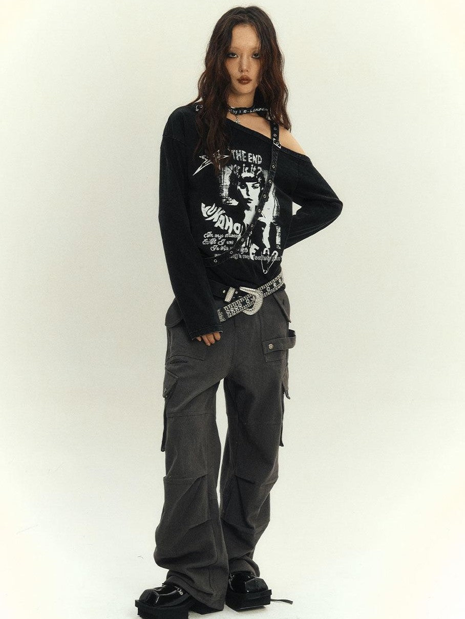YUKAHOUSE Black Asymmetric Punk Y2k Cartoon Print Women's Cotton Off-shoulder T-shirts