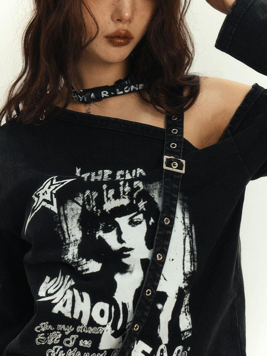 YUKAHOUSE Black Asymmetric Punk Y2k Cartoon Print Women's Cotton Off-shoulder T-shirts
