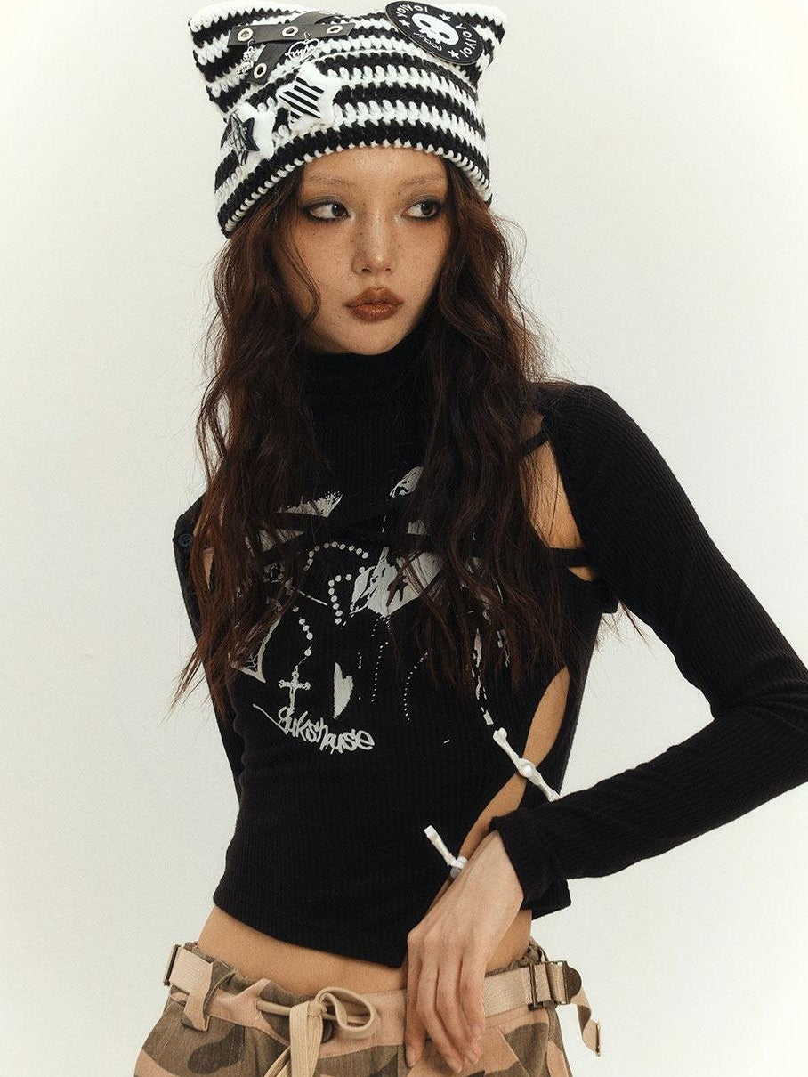 YUKAHOUSE Black Asymmetrical High Neck Fitted Women's Viscose Long Sleeve T-shirts