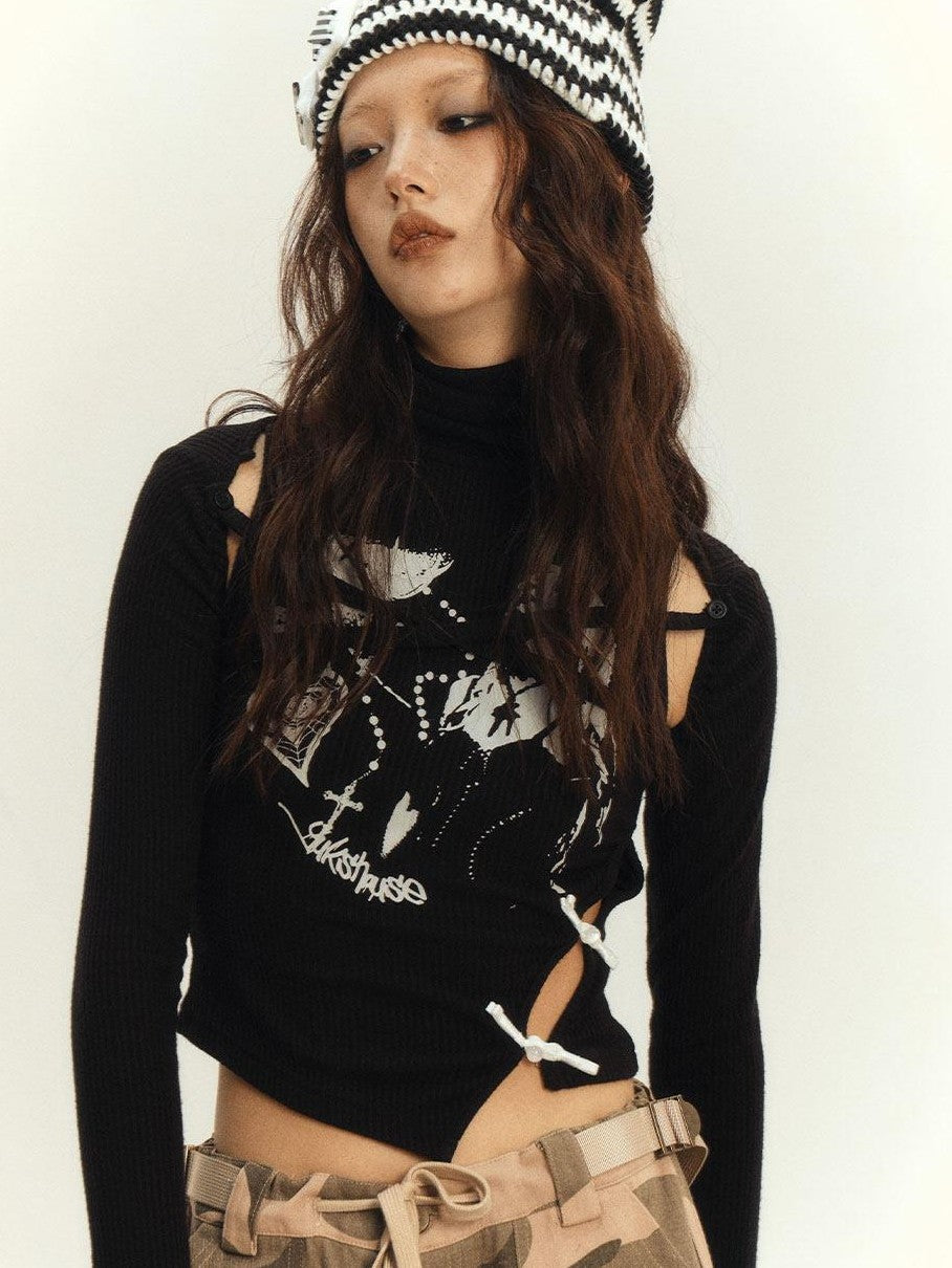 YUKAHOUSE Black Asymmetrical High Neck Fitted Women's Viscose Long Sleeve T-shirts