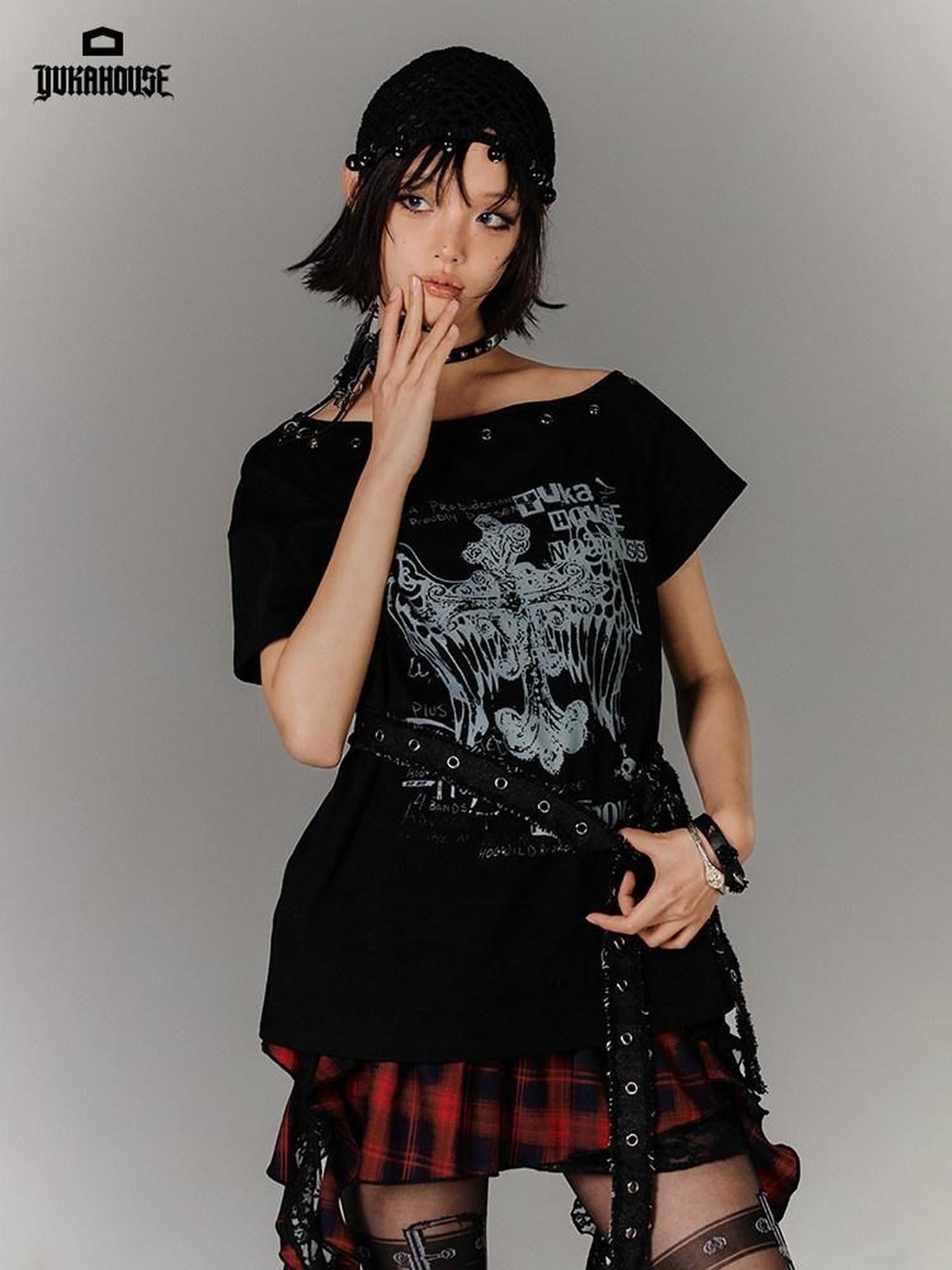 YUKAHOUSE Black Belted Off Shoulder Slim Fit Women's Cotton Short Sleeve T-shirts