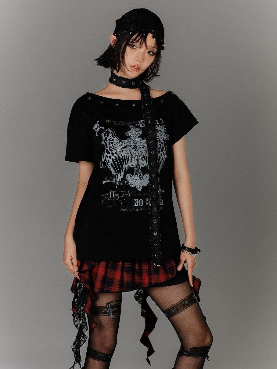 YUKAHOUSE Black Belted Off Shoulder Slim Fit Women's Cotton Short Sleeve T-shirts