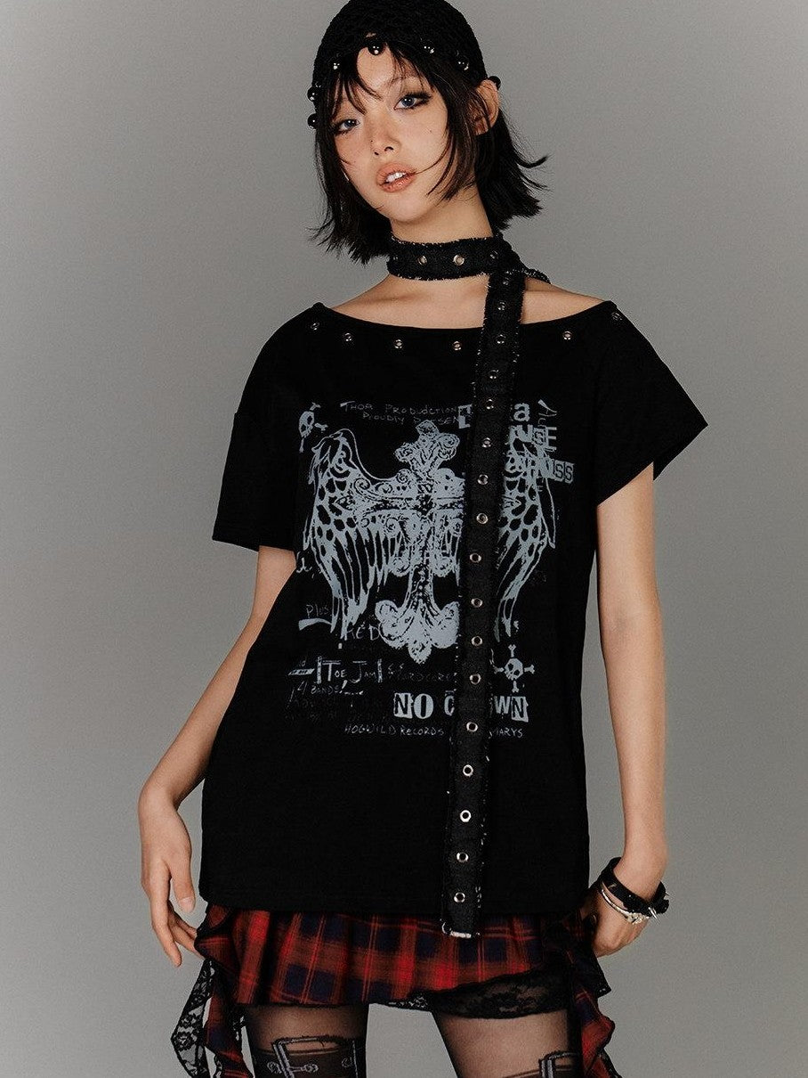 YUKAHOUSE Black Belted Off Shoulder Slim Fit Women's Cotton Short Sleeve T-shirts