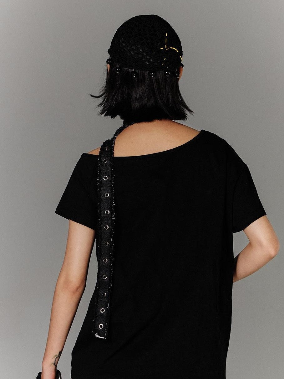 YUKAHOUSE Black Belted Off Shoulder Slim Fit Women's Cotton Short Sleeve T-shirts