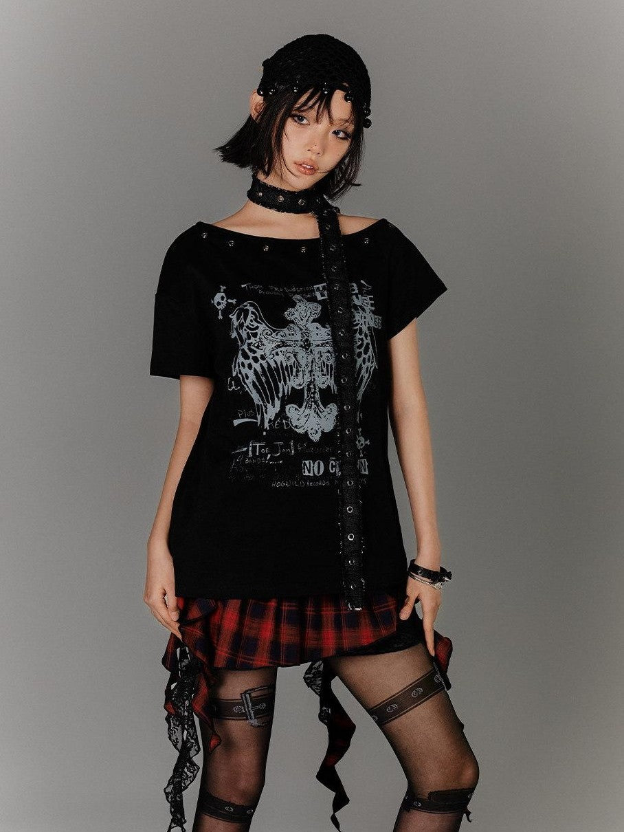 YUKAHOUSE Black Belted Off Shoulder Slim Fit Women's Cotton Short Sleeve T-shirts