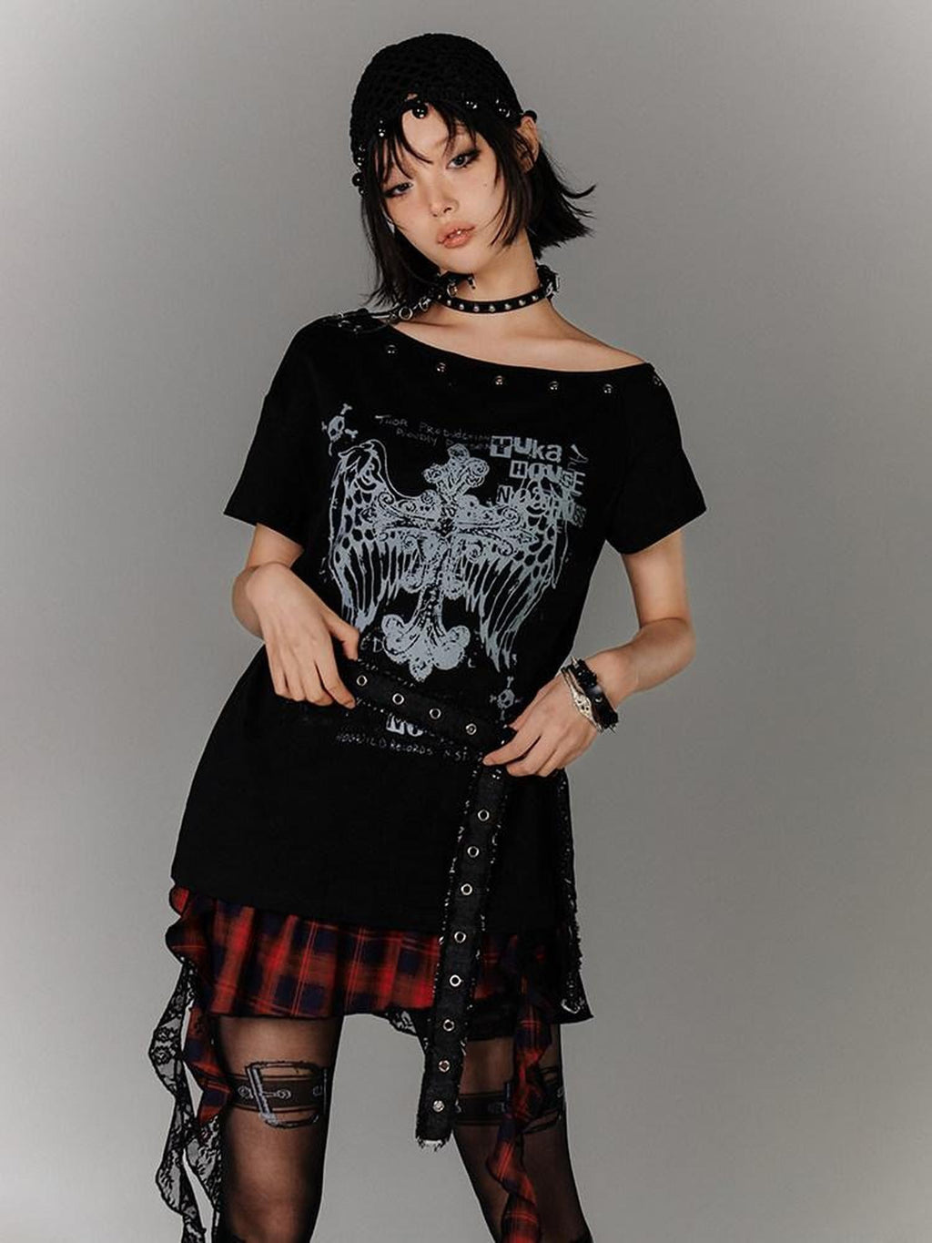 YUKAHOUSE Black Belted Off Shoulder Slim Fit Women's Cotton Short Sleeve T-shirts