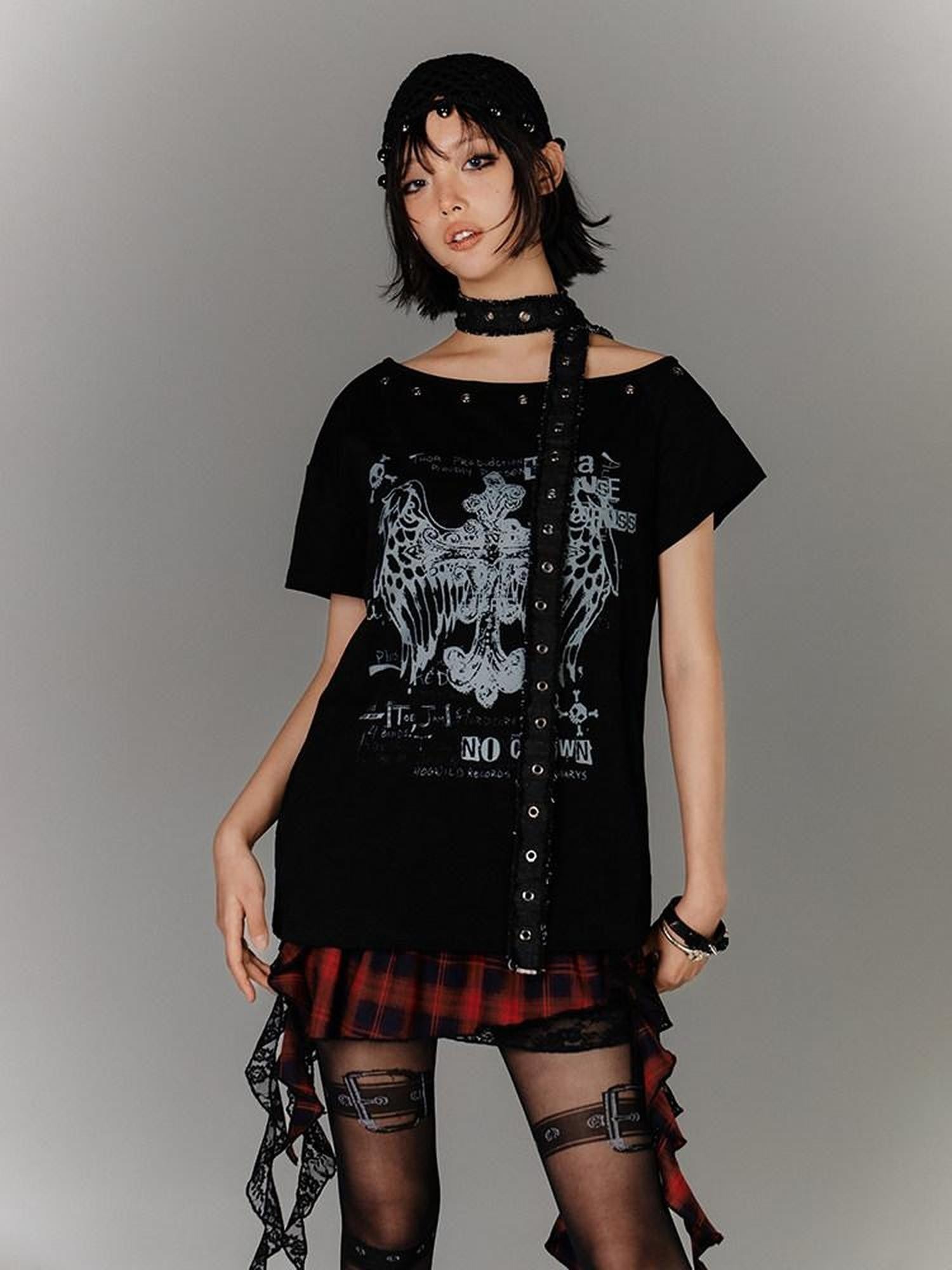 YUKAHOUSE Black Belted Off Shoulder Slim Fit Women's Cotton Short Sleeve T-shirts