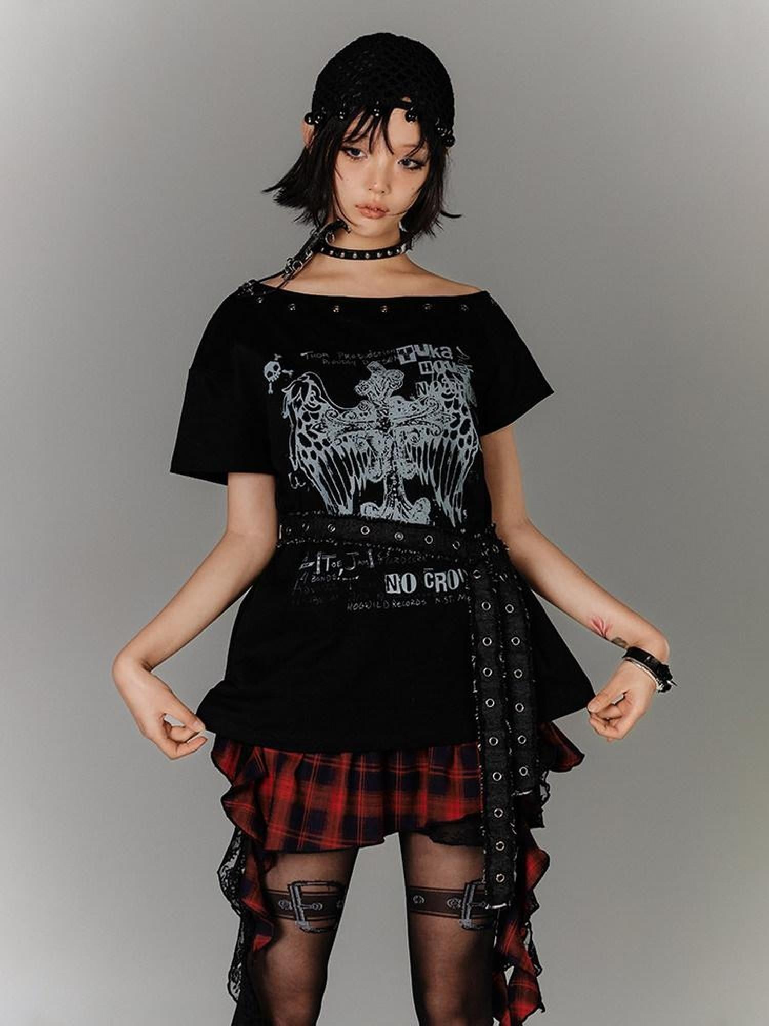 YUKAHOUSE Black Belted Off Shoulder Slim Fit Women's Cotton Short Sleeve T-shirts