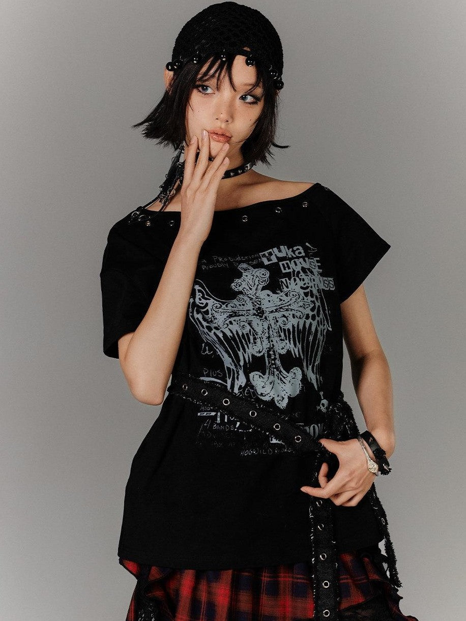 YUKAHOUSE Black Belted Off Shoulder Slim Fit Women's Cotton Short Sleeve T-shirts