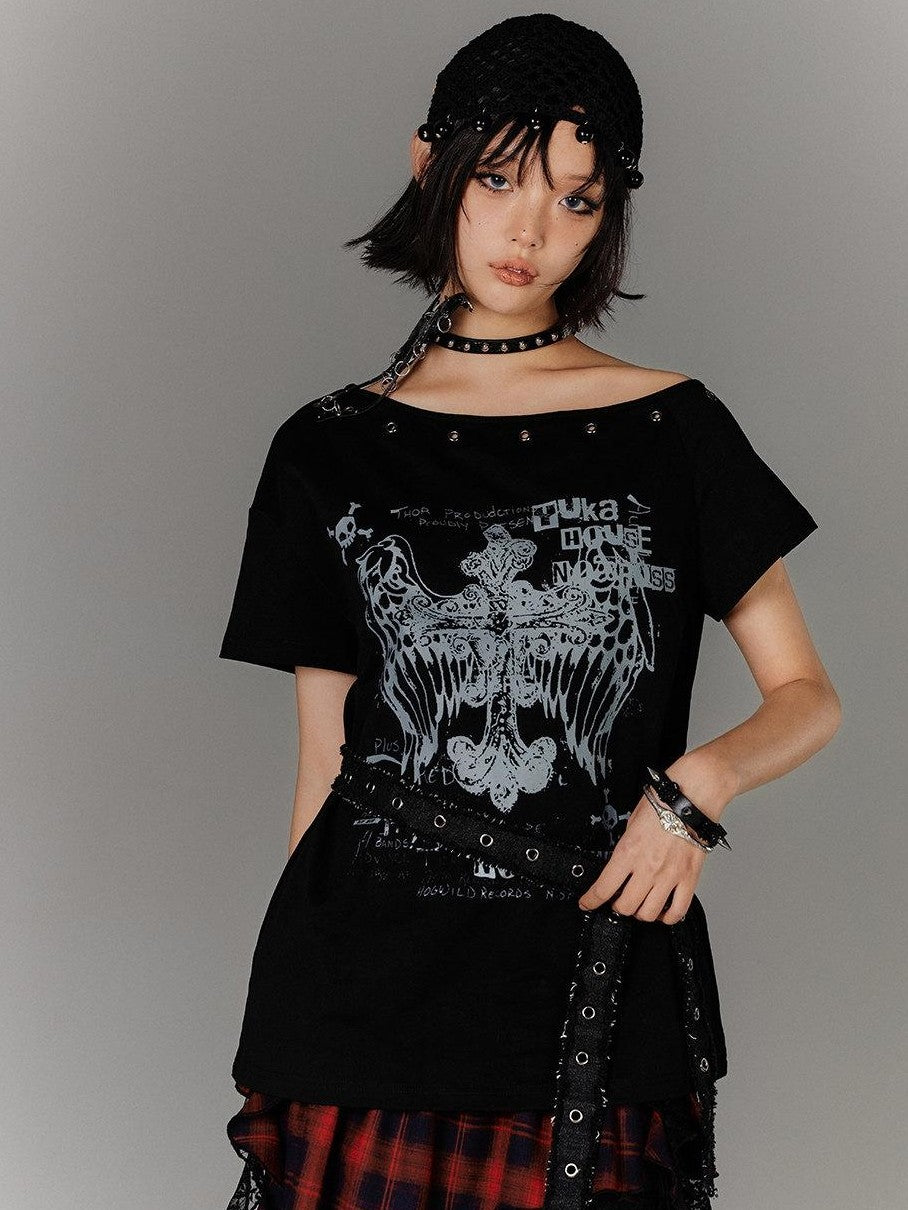 YUKAHOUSE Black Belted Off Shoulder Slim Fit Women's Cotton Short Sleeve T-shirts