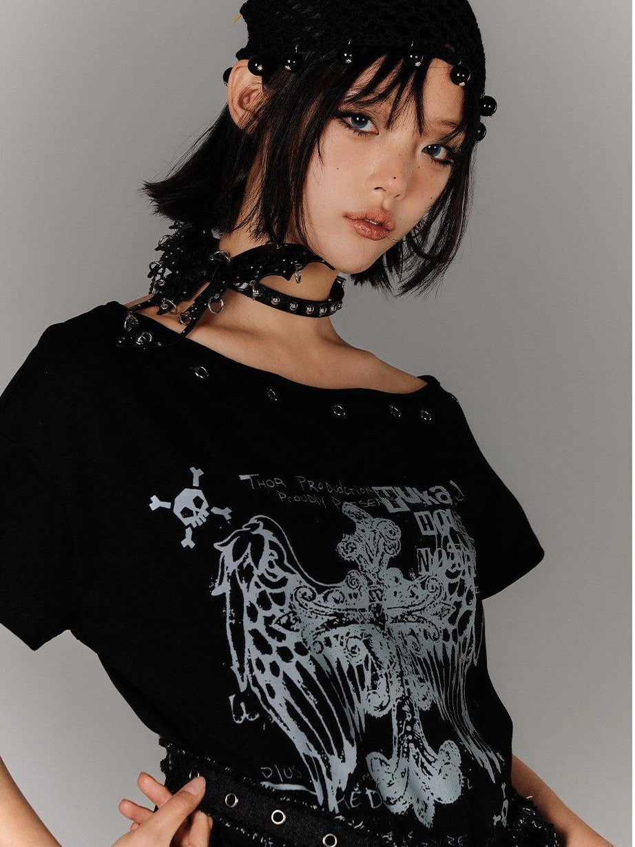 YUKAHOUSE Black Belted Off Shoulder Slim Fit Women's Cotton Short Sleeve T-shirts