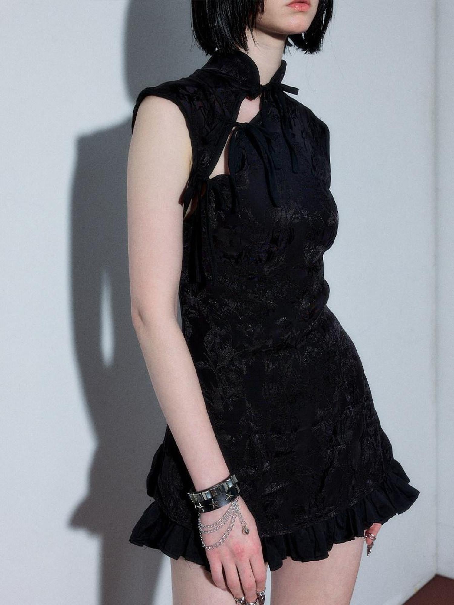 YUKAHOUSE Black Chinese Stand Collar Sleeveless Zipper Women's Bodycon Mini Dresses