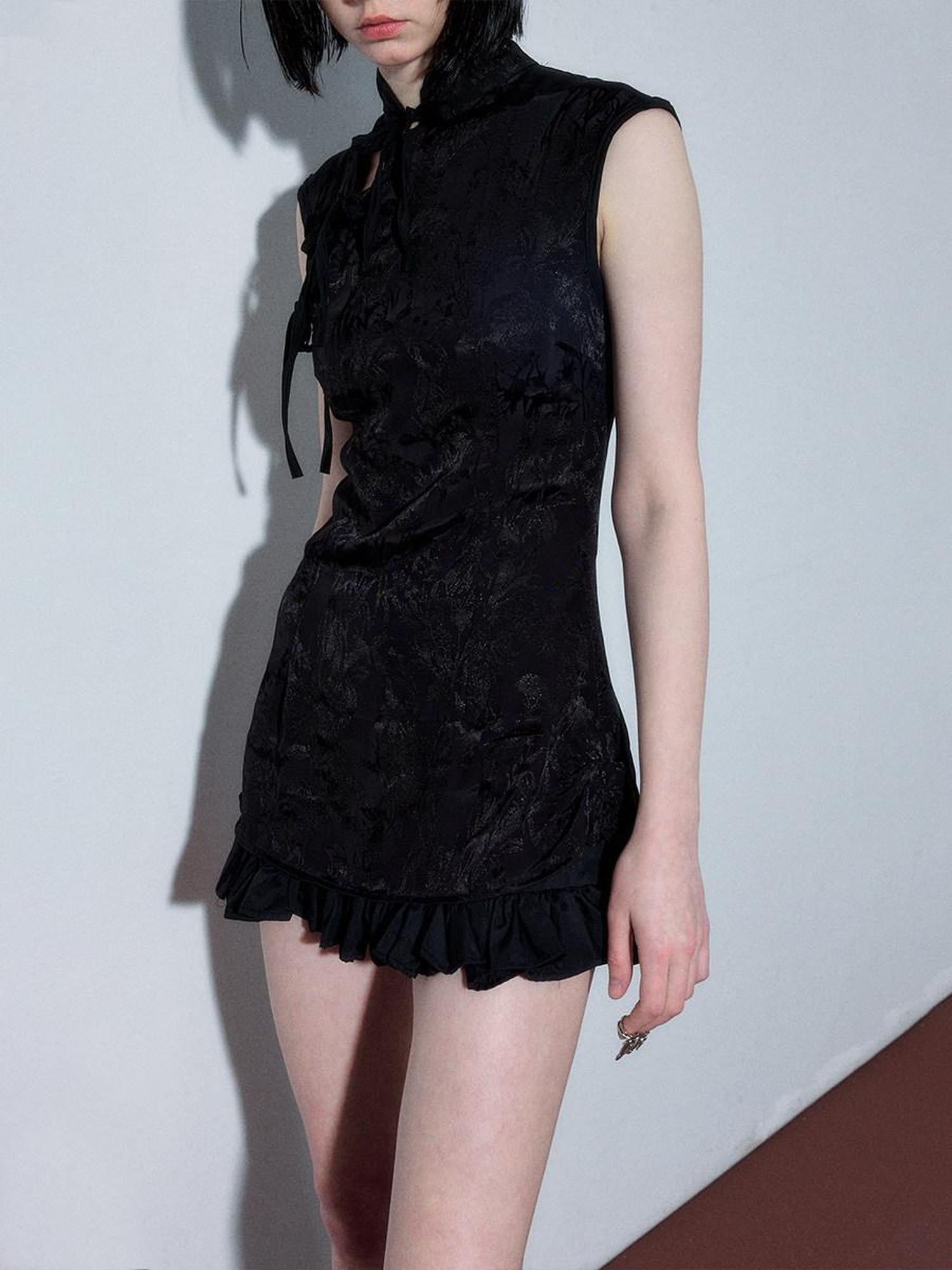 YUKAHOUSE Black Chinese Stand Collar Sleeveless Zipper Women's Bodycon Mini Dresses