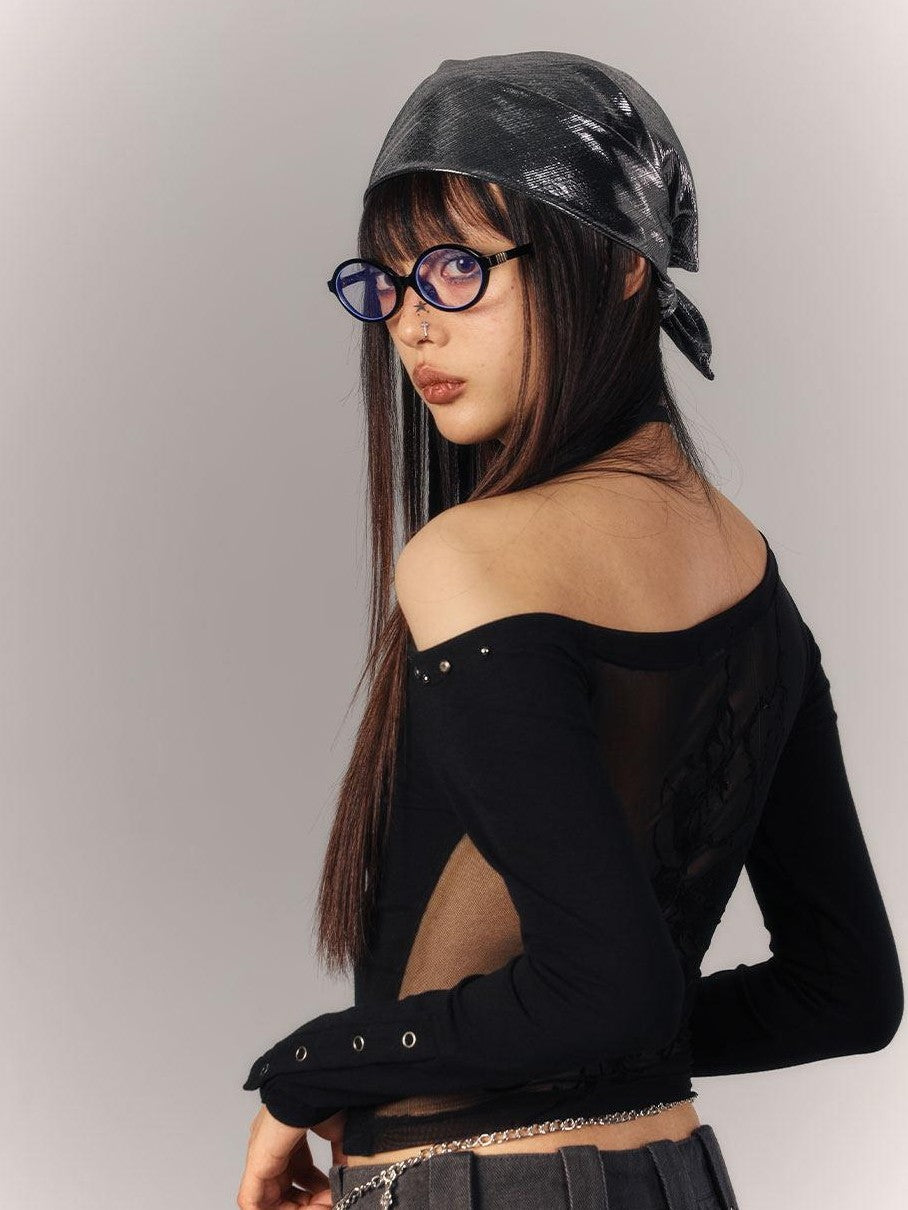 YUKAHOUSE Black Cropped Sheer Back Slim Women's Viscose Blend Long Sleeve T-shirts