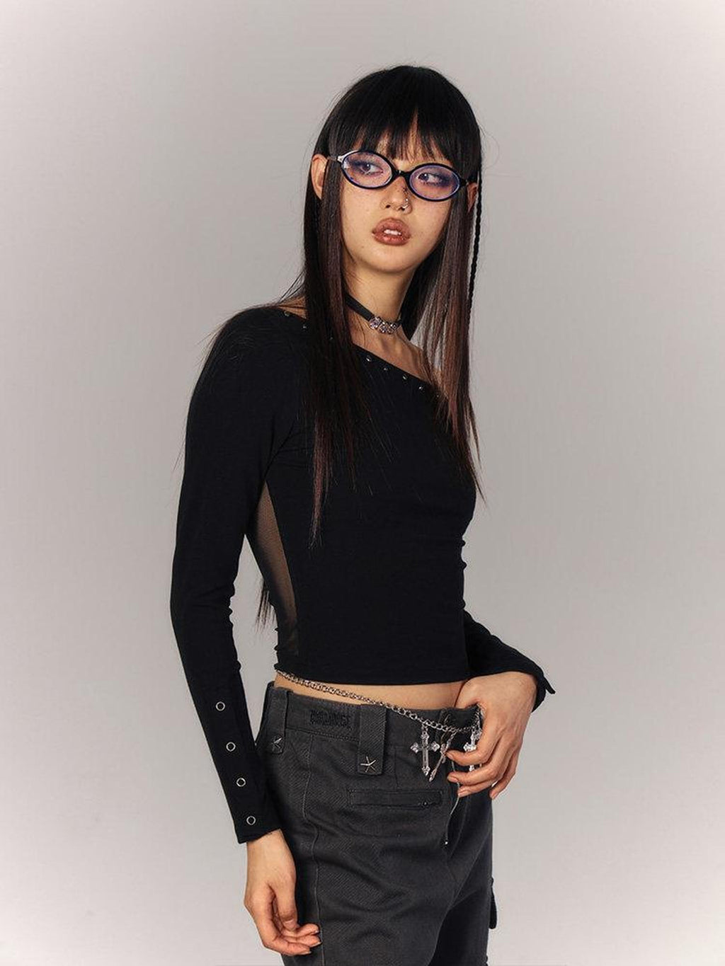 YUKAHOUSE Black Cropped Sheer Back Slim Women's Viscose Blend Long Sleeve T-shirts
