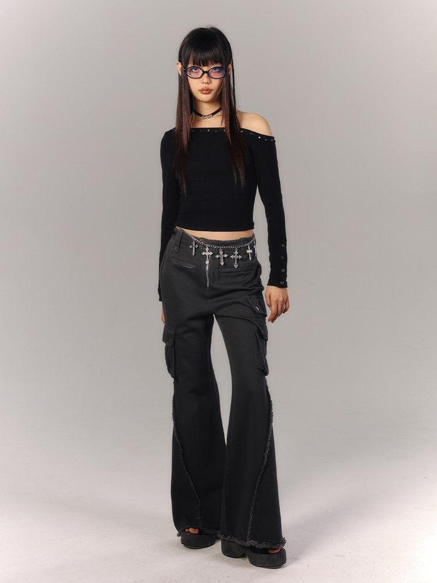 YUKAHOUSE Black Cropped Sheer Back Slim Women's Viscose Blend Long Sleeve T-shirts