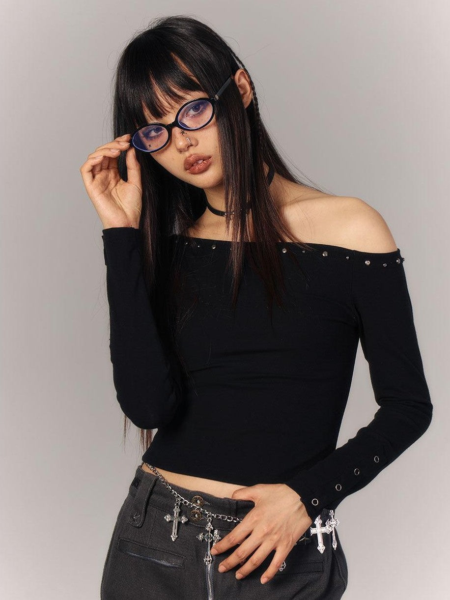 YUKAHOUSE Black Cropped Sheer Back Slim Women's Viscose Blend Long Sleeve T-shirts