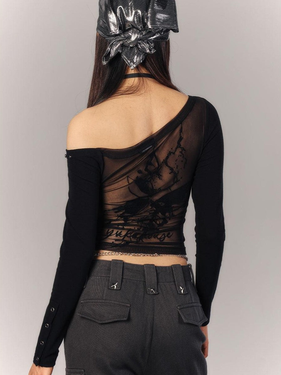 YUKAHOUSE Black Cropped Sheer Back Slim Women's Viscose Blend Long Sleeve T-shirts