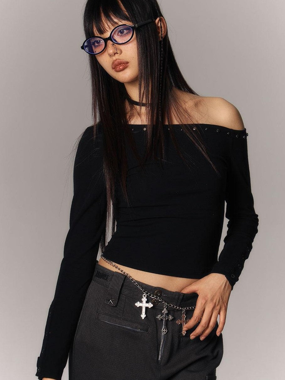 YUKAHOUSE Black Cropped Sheer Back Slim Women's Viscose Blend Long Sleeve T-shirts