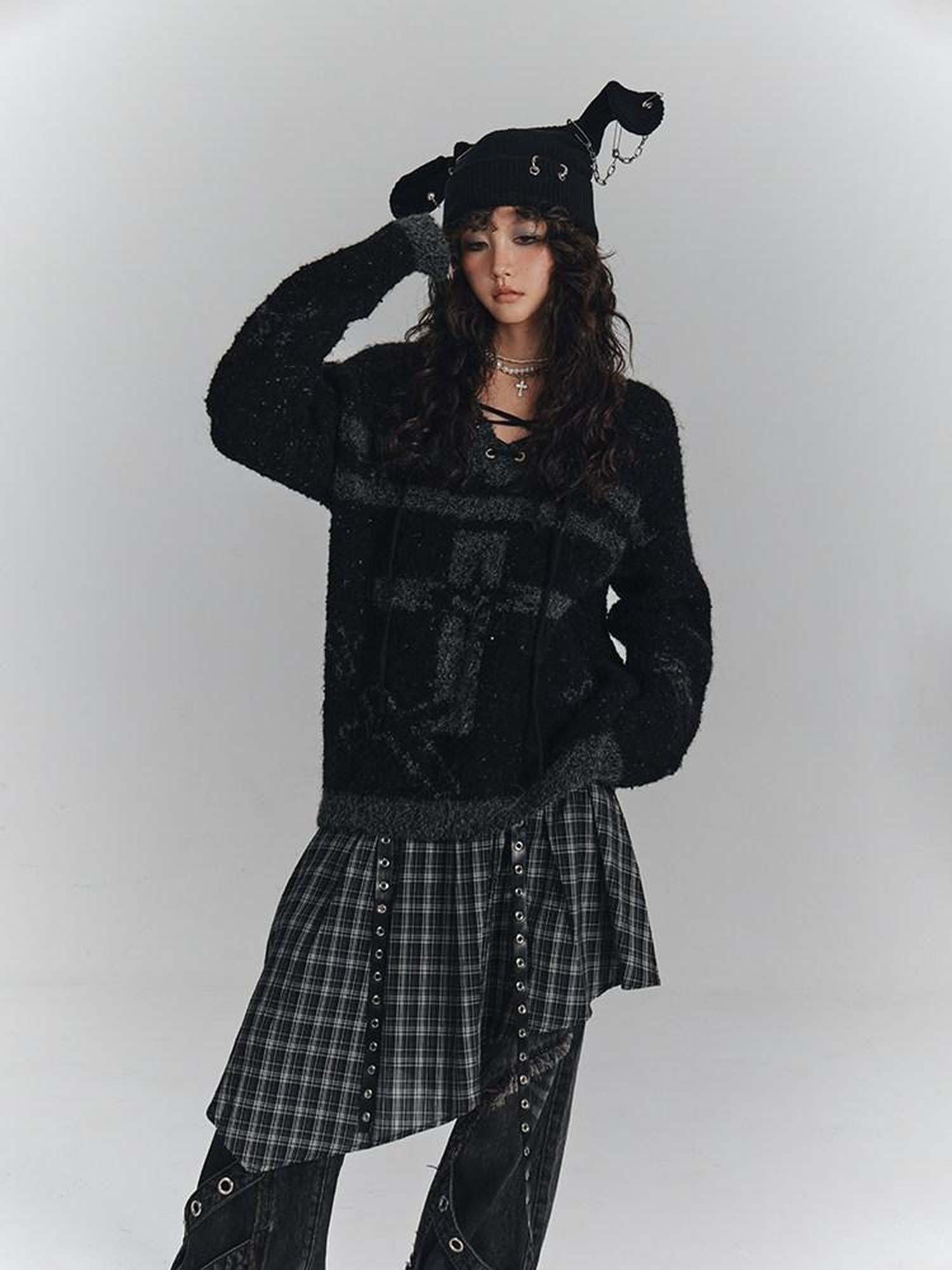 YUKAHOUSE Black Cross Drawstring V-neck Loose Women's Wool Blend Pullover Sweaters