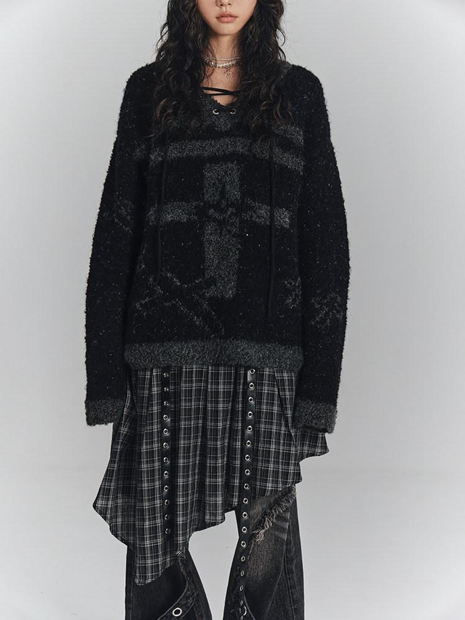 YUKAHOUSE Black Cross Drawstring V-neck Loose Women's Wool Blend Pullover Sweaters