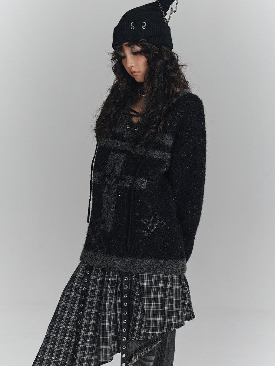YUKAHOUSE Black Cross Drawstring V-neck Loose Women's Wool Blend Pullover Sweaters