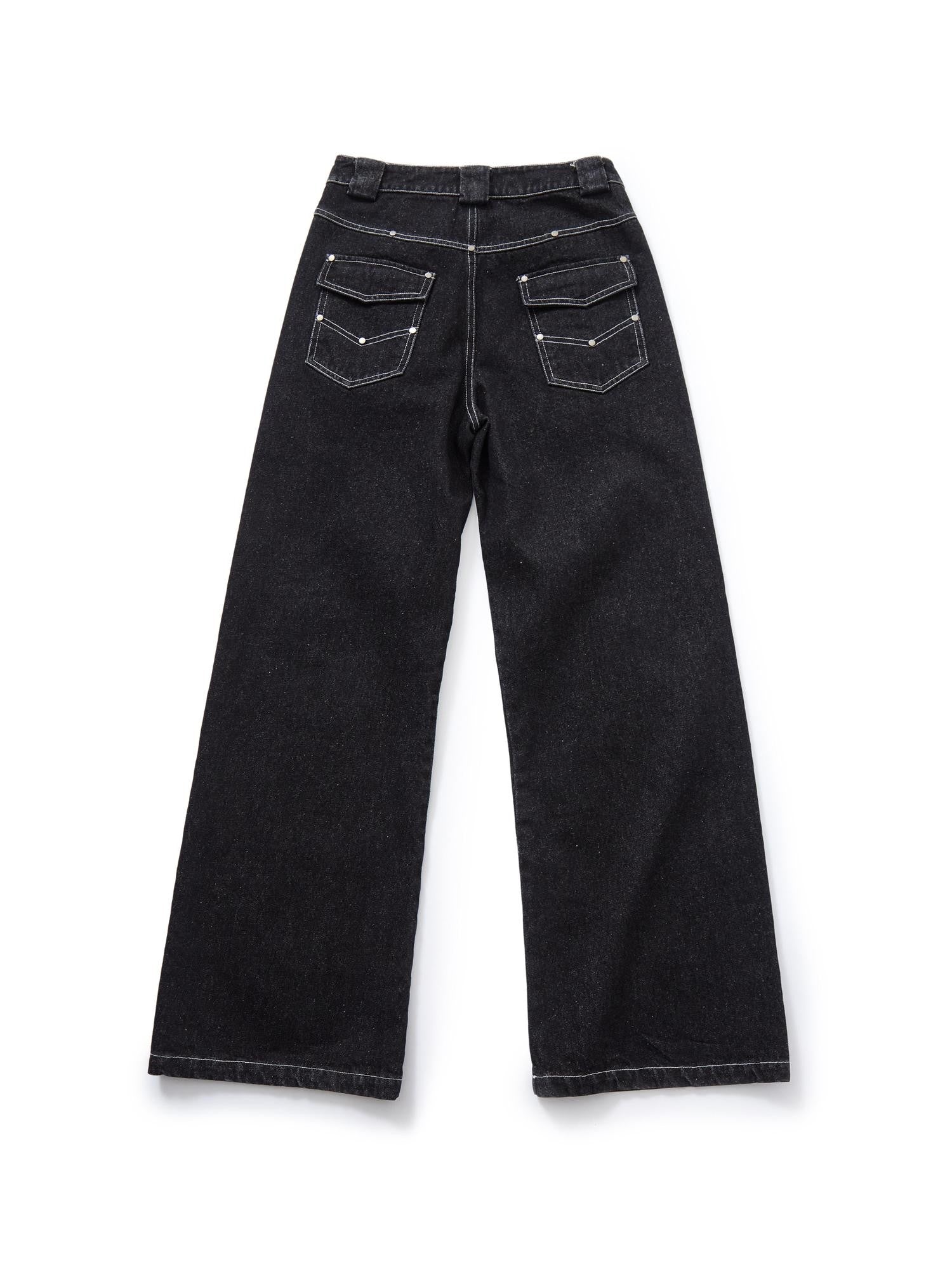 YUKAHOUSE Black Denim Vintage Street Machine Embroidered Women's Cotton Wide-leg Jeans