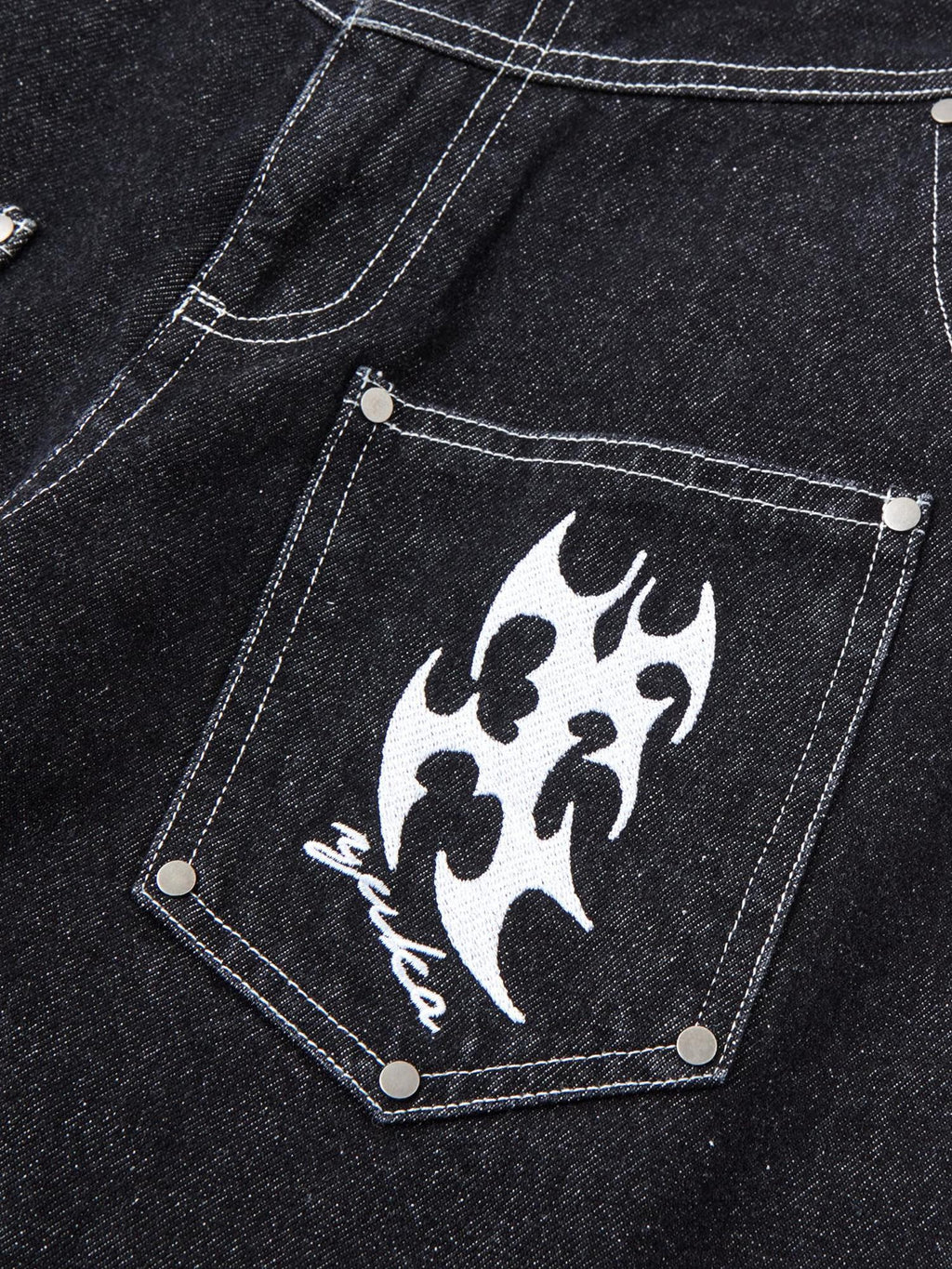 YUKAHOUSE Black Denim Vintage Street Machine Embroidered Women's Cotton Wide-leg Jeans