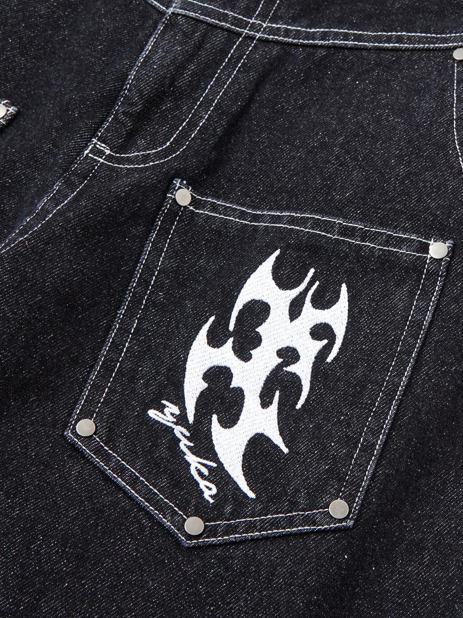 YUKAHOUSE Black Denim Vintage Street Machine Embroidered Women's Cotton Wide-leg Jeans