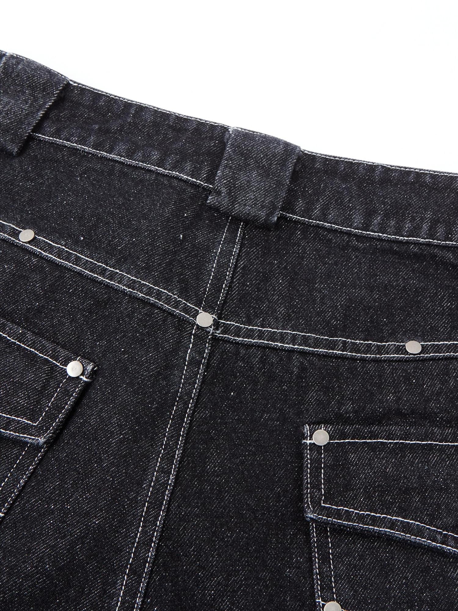 YUKAHOUSE Black Denim Vintage Street Machine Embroidered Women's Cotton Wide-leg Jeans