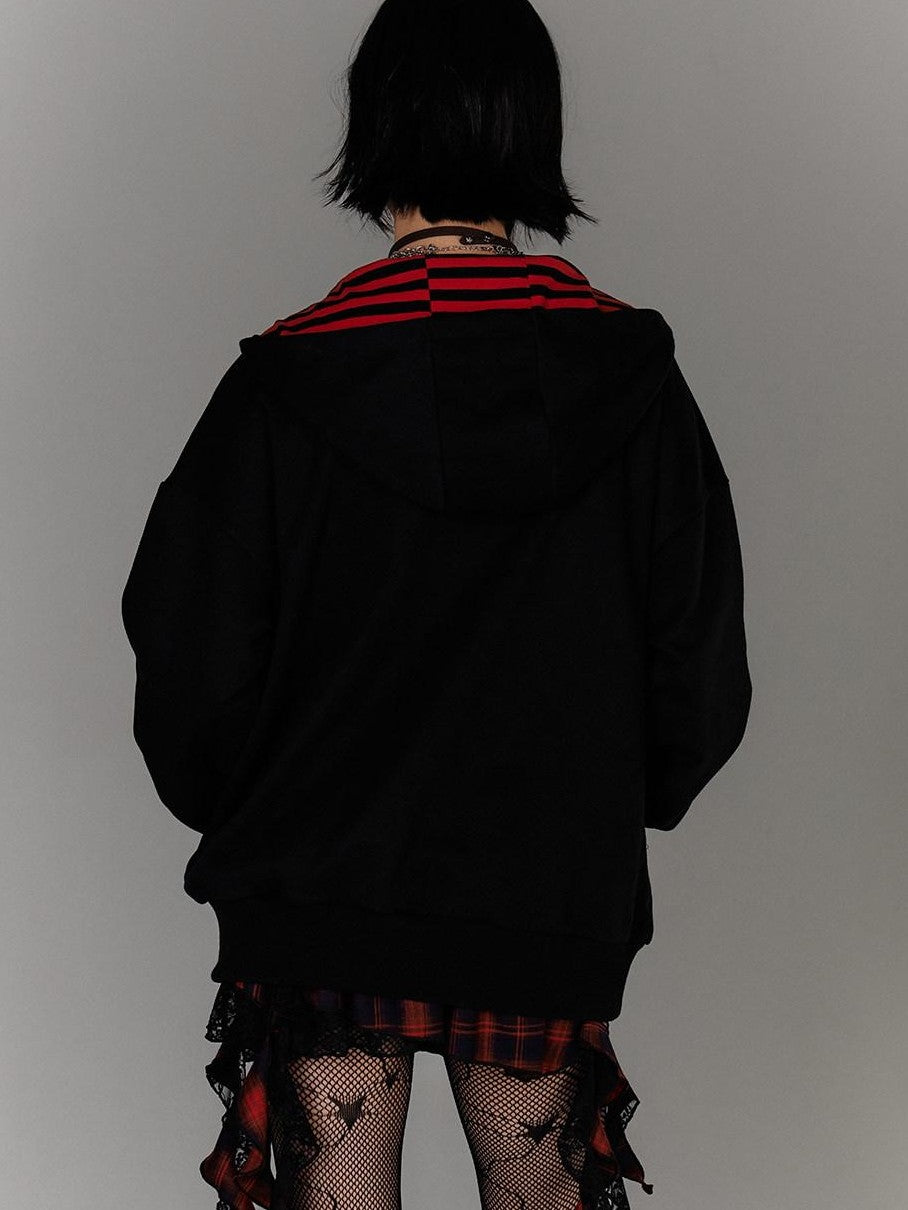 YUKAHOUSE Black Faux Layered Striped Oversized Women's Cotton Blend Zip-up Hoodies