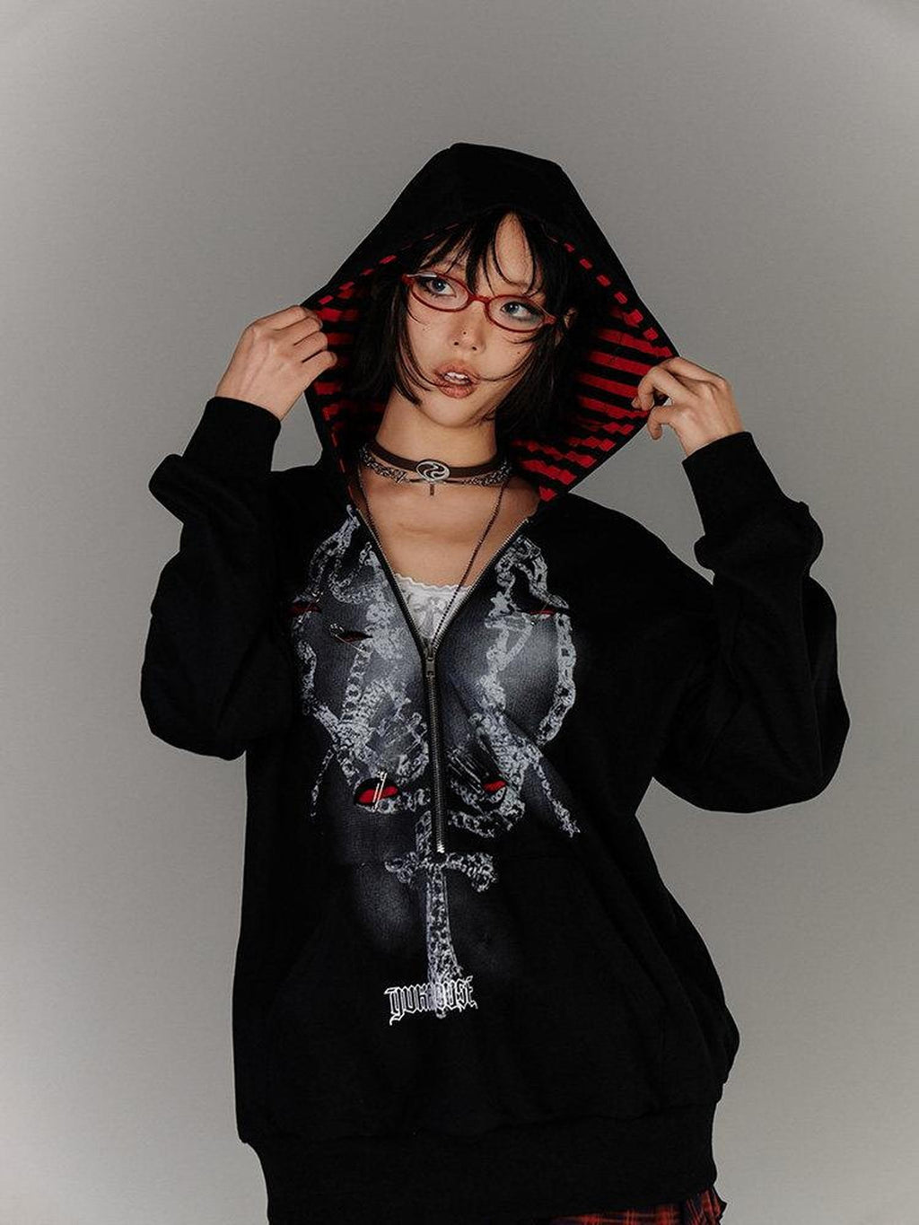 YUKAHOUSE Black Faux Layered Striped Oversized Women's Cotton Blend Zip-up Hoodies