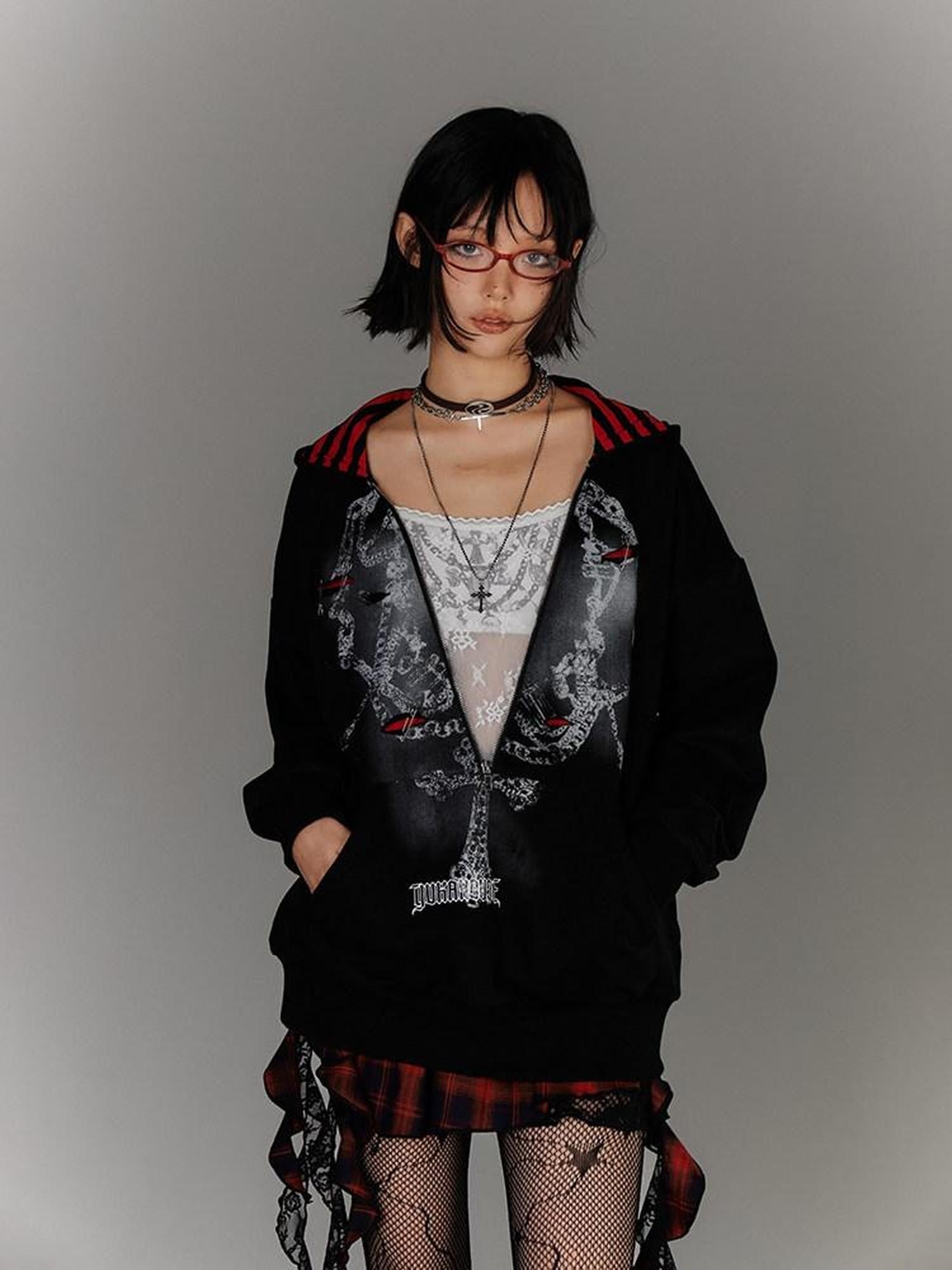 YUKAHOUSE Black Faux Layered Striped Oversized Women's Cotton Blend Zip-up Hoodies