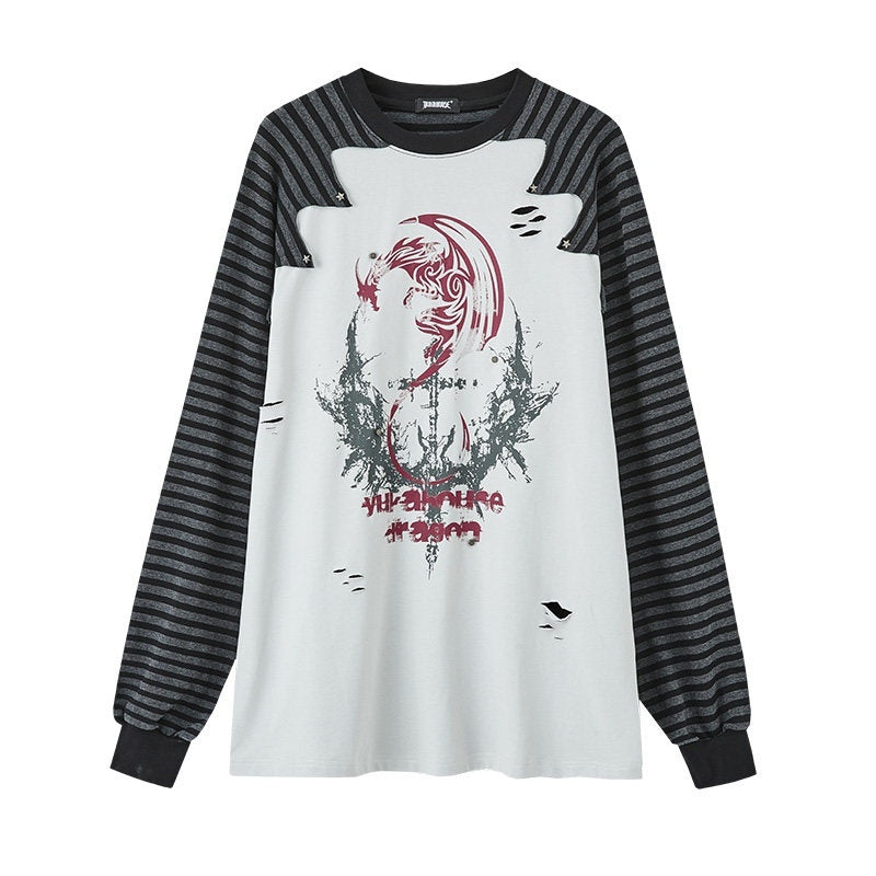 YUKAHOUSE_Black_Gray_Distressed_Striped_Raglan_Women's_Cotton_Blend_Long_Sleeve_T-shirts_822245008248_MISSTT
