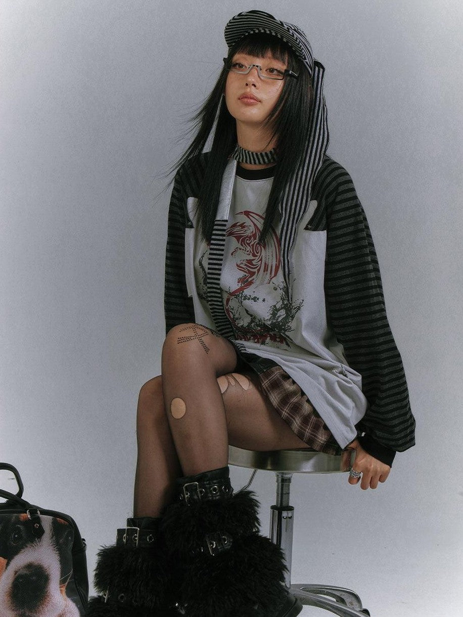 YUKAHOUSE Black Gray Distressed Striped Raglan Women's Cotton Blend Long Sleeve T-shirts