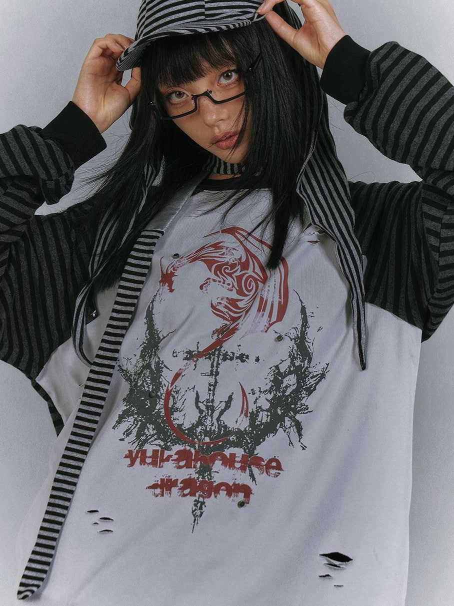 YUKAHOUSE Black Gray Distressed Striped Raglan Women's Cotton Blend Long Sleeve T-shirts