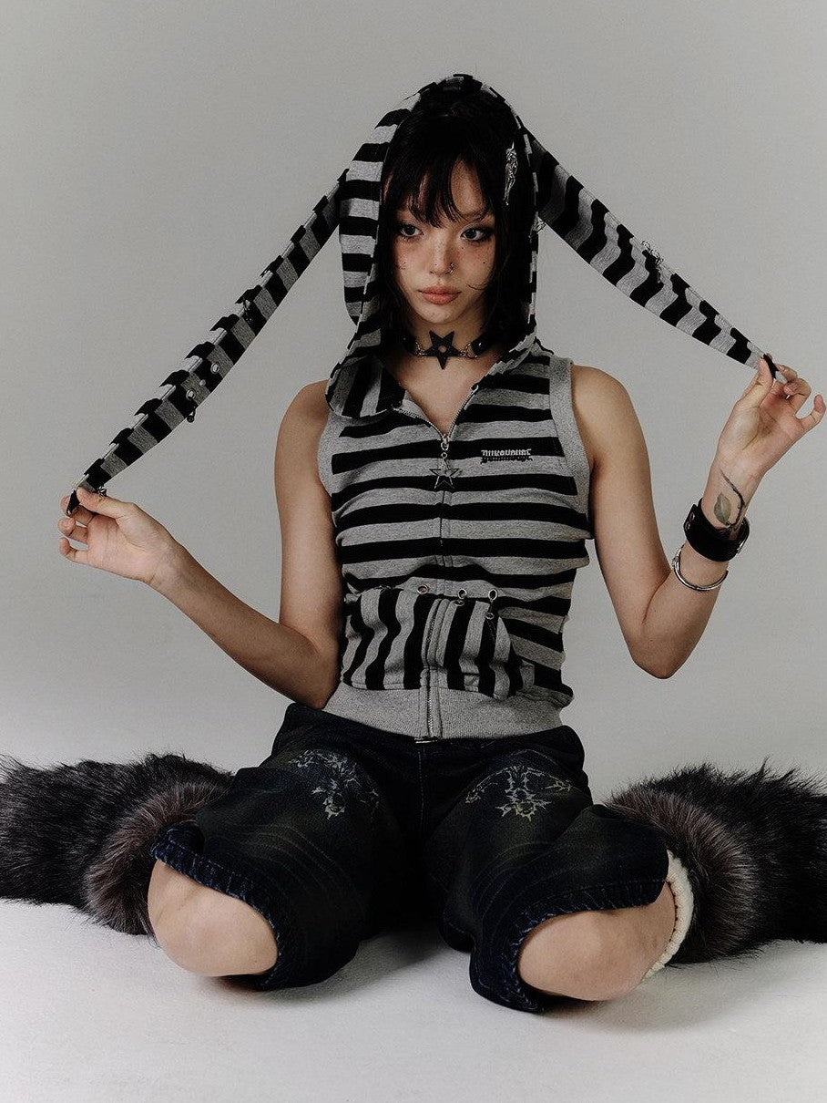YUKAHOUSE Black Grey Rabbit Ear Striped Vintage Loose Women's Cotton Blend Tank Tops