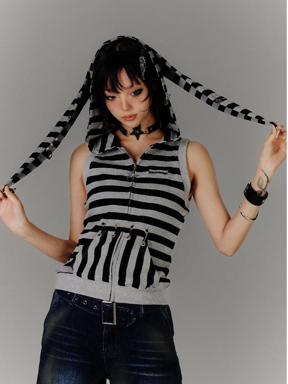 YUKAHOUSE Black Grey Rabbit Ear Striped Vintage Loose Women's Cotton Blend Tank Tops