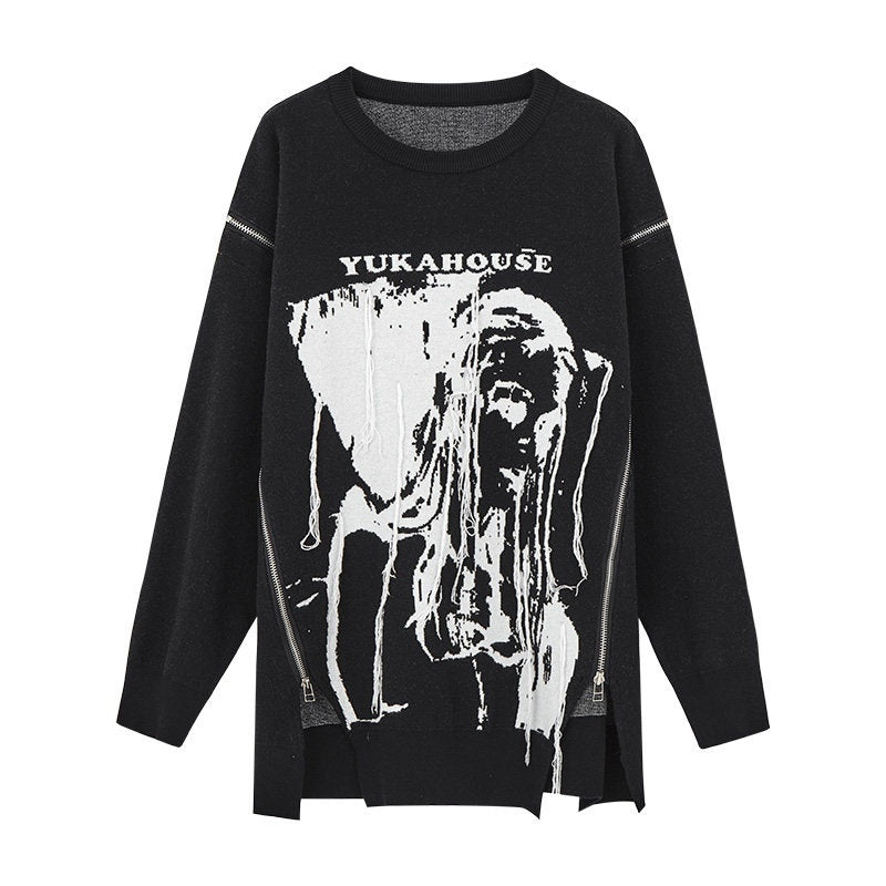YUKAHOUSE_Black_Knitted_Vintage_Zipper_Loose_Women's_Viscose_Blend_Sweaters_730485221406_MISSTT