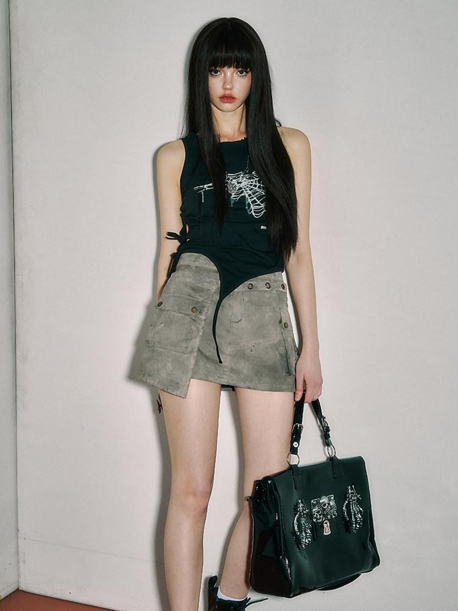 YUKAHOUSE Black Lace Up Punk Strappy Women's Cotton Spandex Blend Tank Tops