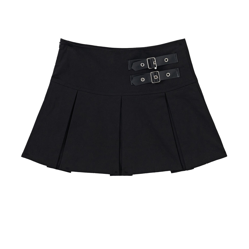 YUKAHOUSE_Black_Low_Waist_Aline_Lace_Up_Buckle_Women's_Cotton_Blend_Pleated_Skirts_668924212642_MISSTT