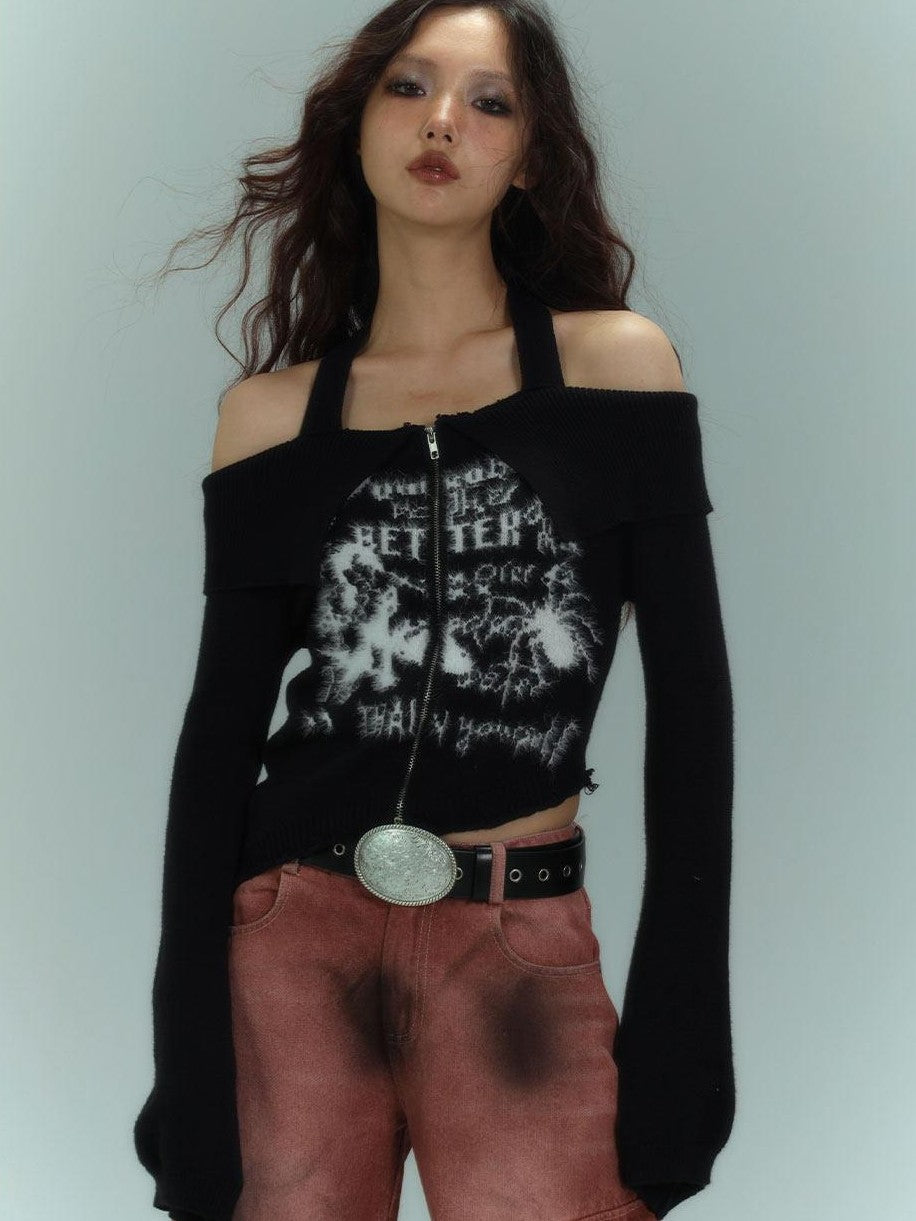 YUKAHOUSE Black Off Shoulder Halter Knit Slim Long Sleeve Women's Viscose Blend Cardigans