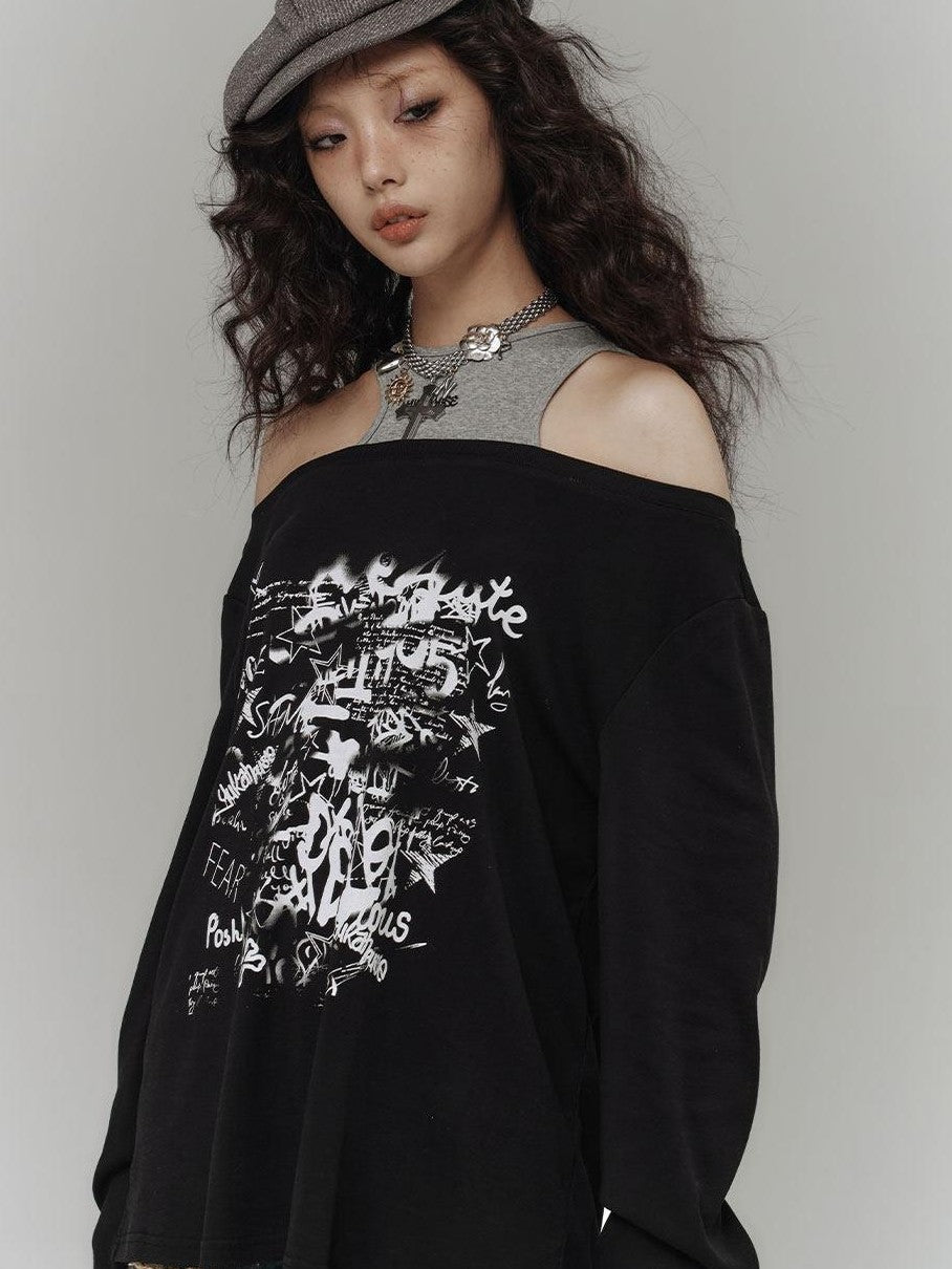 YUKAHOUSE Black Punk Loose Wide Neck Women's Cotton Blend Off-shoulder T-shirts