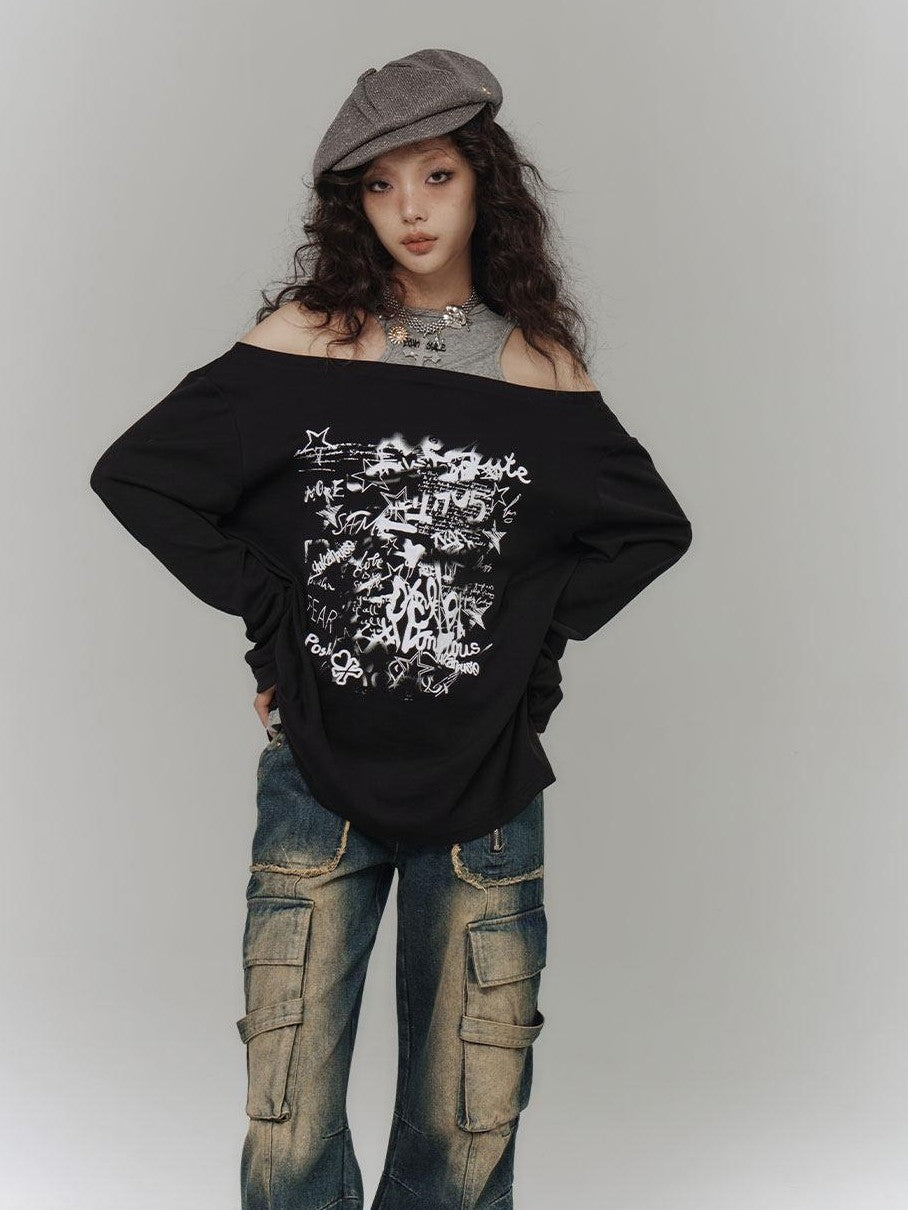 YUKAHOUSE Black Punk Loose Wide Neck Women's Cotton Blend Off-shoulder T-shirts