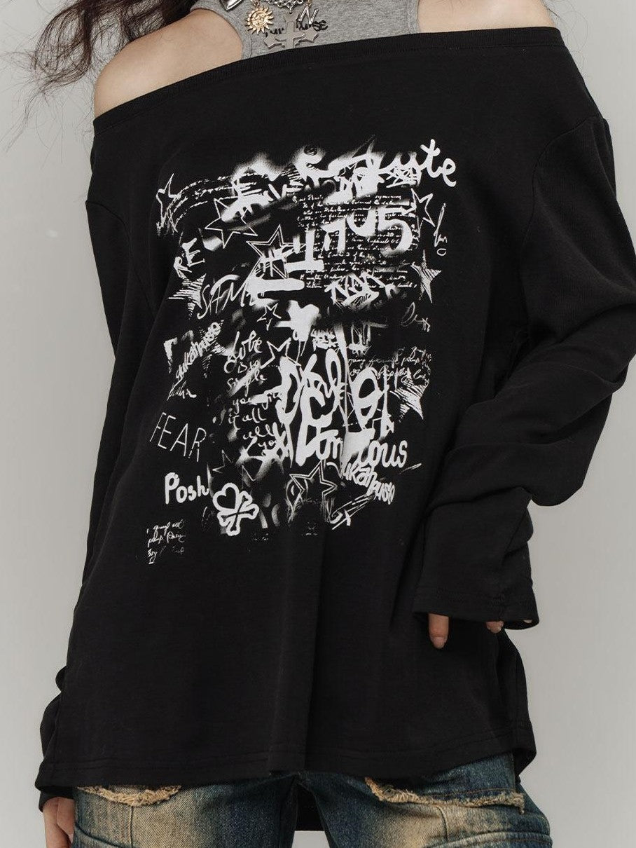 YUKAHOUSE Black Punk Loose Wide Neck Women's Cotton Blend Off-shoulder T-shirts