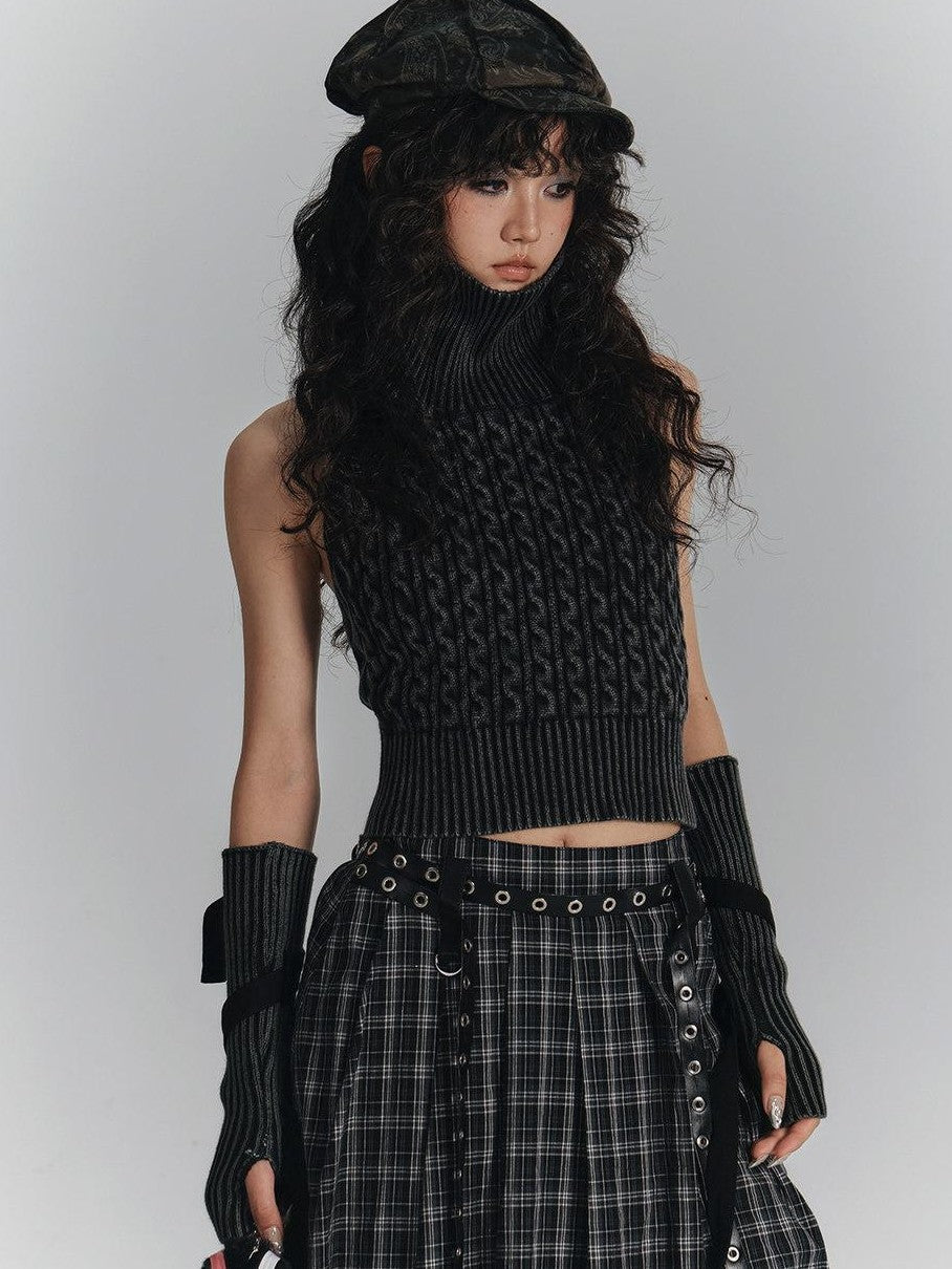 YUKAHOUSE Black Punk Slim High Neck Sleeveless Tie Back Backless Women's Cotton Sweaters