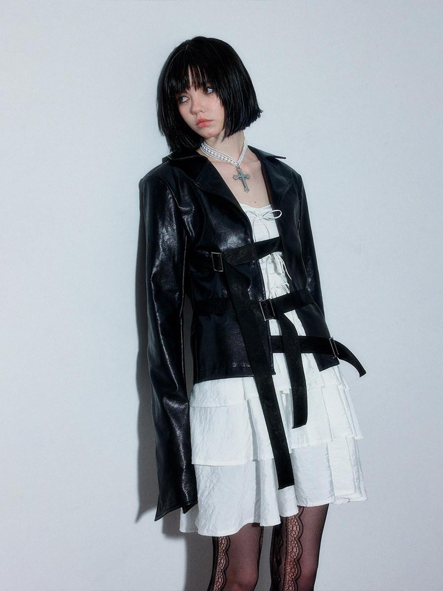 YUKAHOUSE Black Punk Tie Front Notched Lapel Short Crop Women's Pu Leather Jackets