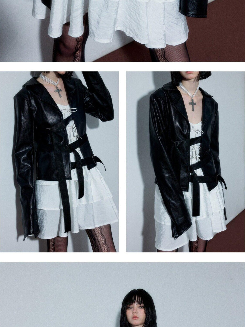 YUKAHOUSE Black Punk Tie Front Notched Lapel Short Crop Women's Pu Leather Jackets