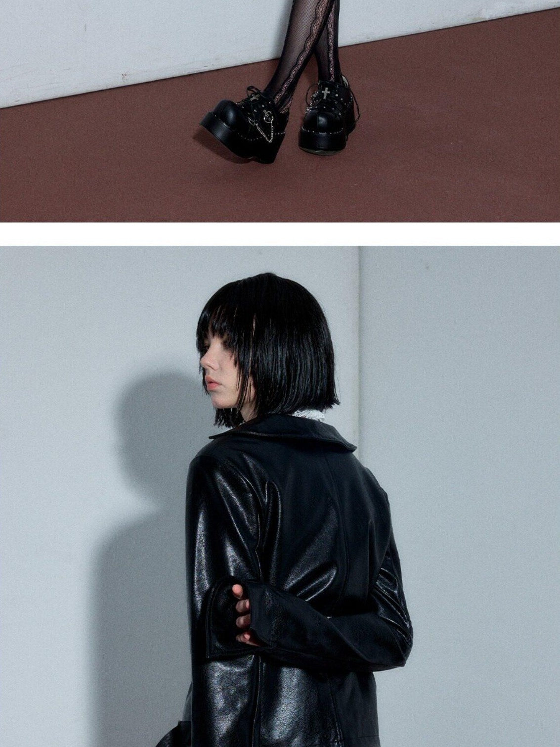YUKAHOUSE Black Punk Tie Front Notched Lapel Short Crop Women's Pu Leather Jackets